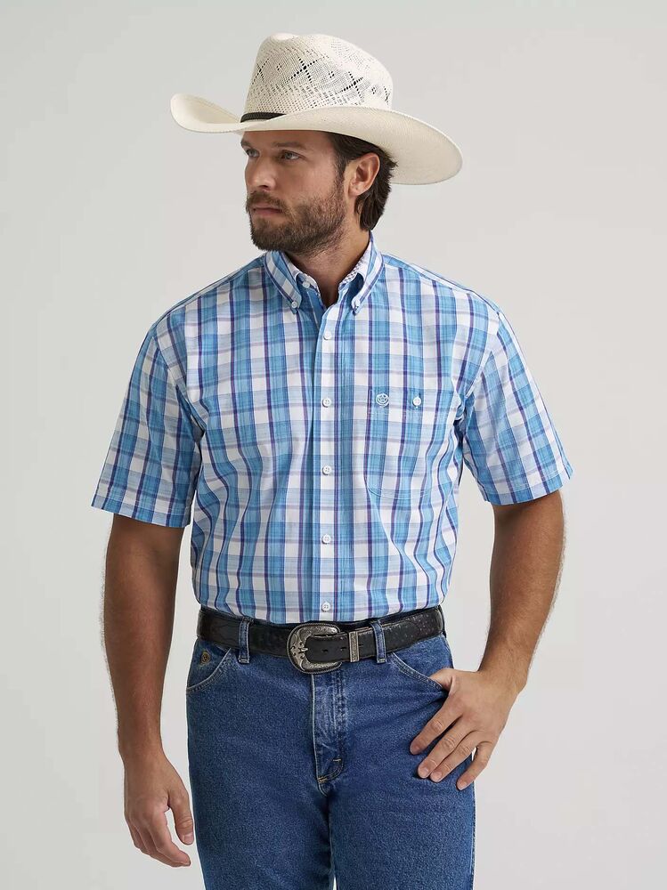 image of Men's George Strait Button Down Short Sleeve Shirt, Big Blue Plaid