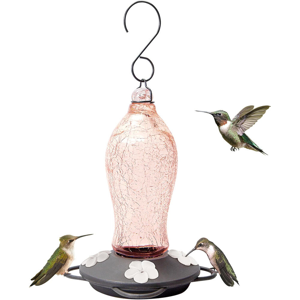 image of Blush Crackle Artisan Glass Gravity Hummingbird Feeder