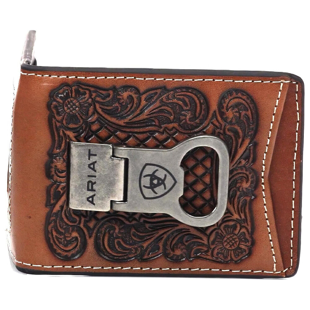 image of Men's Leather Embossed Floral Money Clip Bi-Fold Wallet