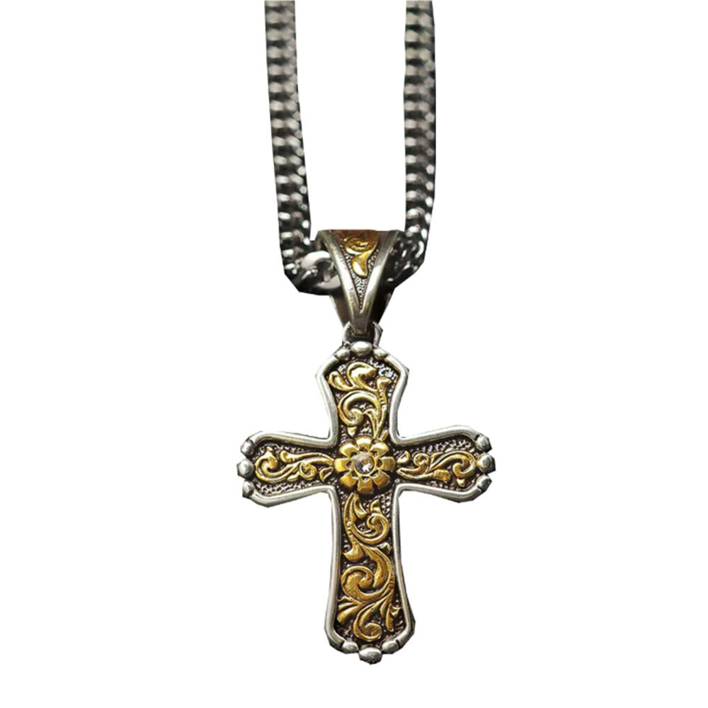 image of Men's Antique Gold Floral Cross Necklace