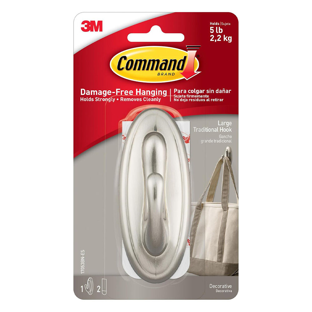 image of Command Large Brushed Nickel Traditional Hook