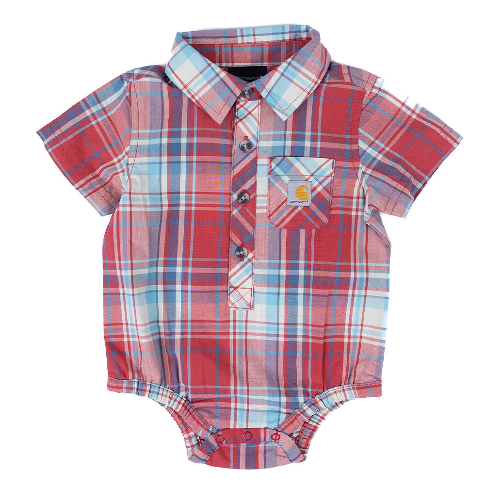 image of Infant's Red Plaid Short Sleeve Onesie