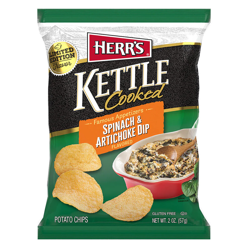 image of Famous Appetizers Spinach and Artichoke Dip Flavored Kettle Cooked Chips, 6.5 oz