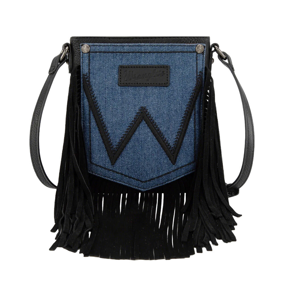 image of Women's Leather Fringe Denim Pocket Crossbody Bag