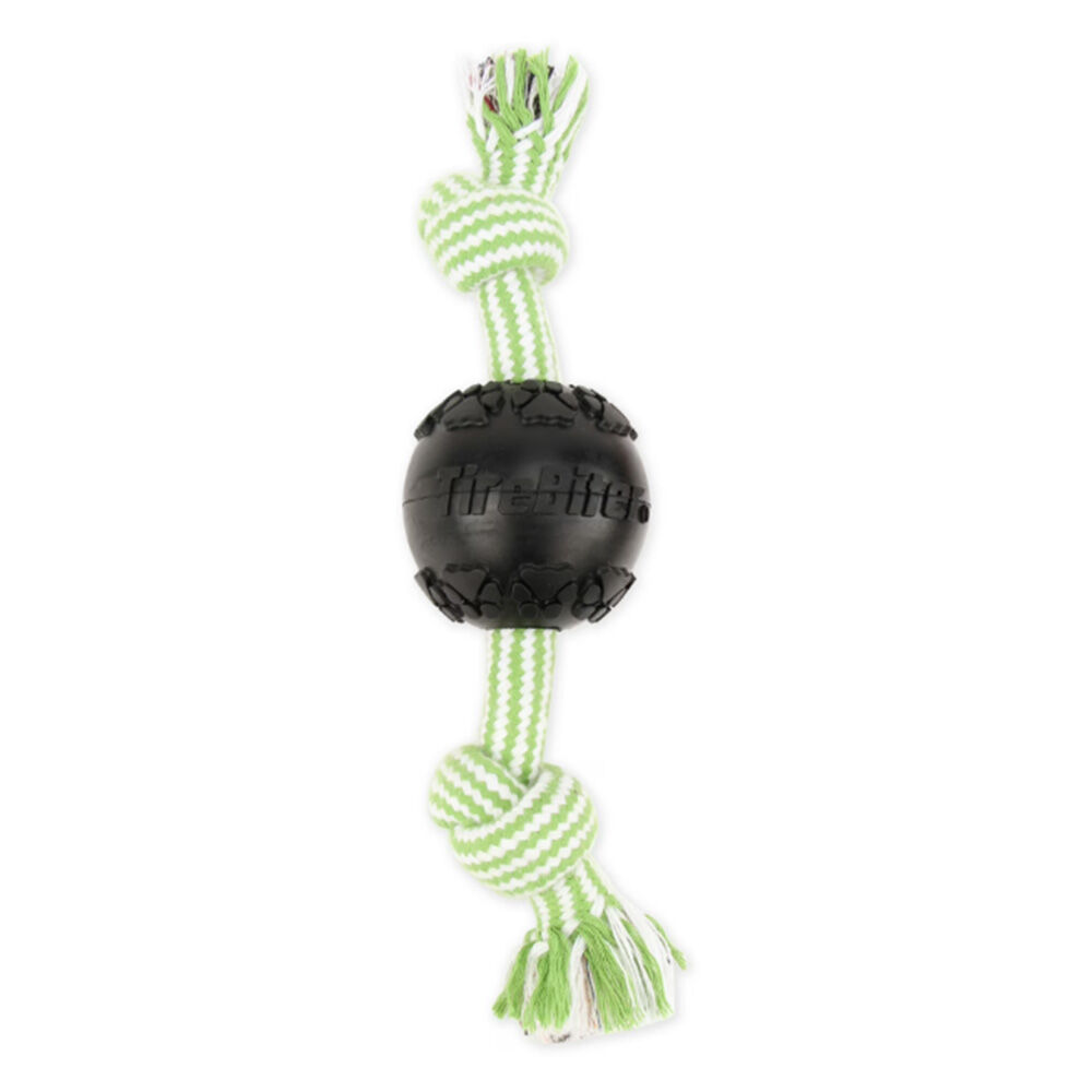 image of TireBiter Ball Rubber Dog Toy with Treat Station and 2-Knot Rope
