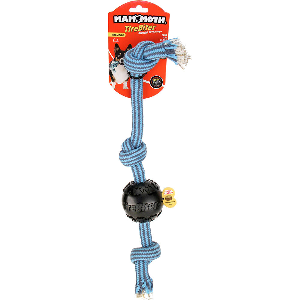 image of TireBiter Ball Rubber Dog Toy with Treat Station and 3-Knot Rope