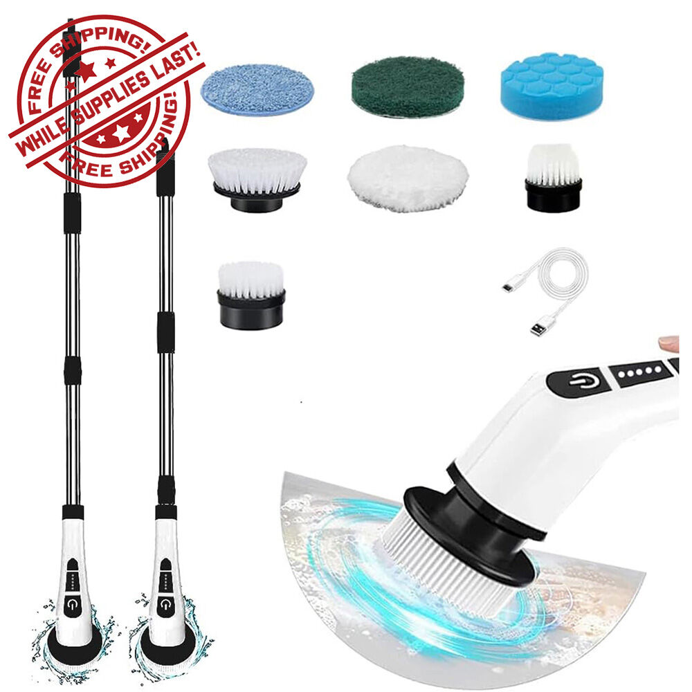 image of 7 in 1 Electric Spin Scrubber Cordless Cleaning Brush with Extendable Handle, White