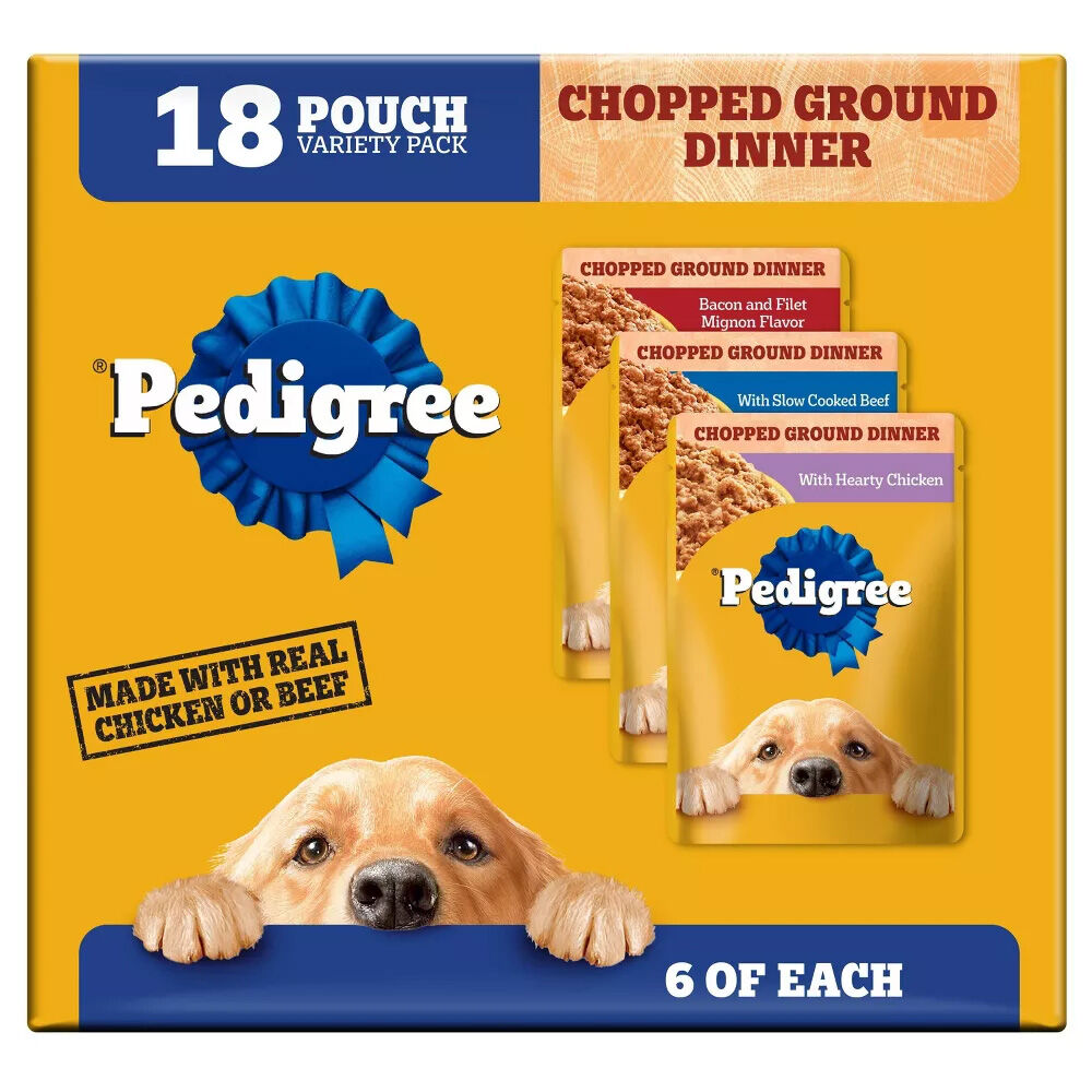 image of Wet Dog Food Chopped Chicken, Steak, Beef and Bacon Variety Pack, 3.5oz, 18ct