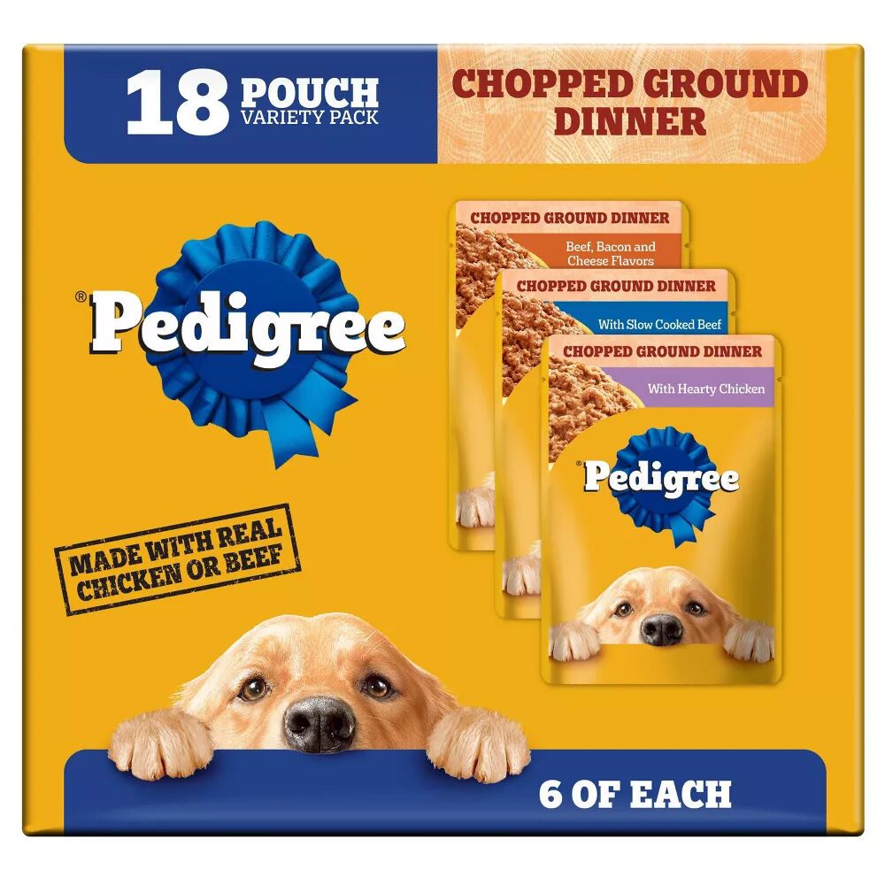 image of Wet Dog Food Chopped Chicken, Cheese, Beef and Bacon Variety Pack, 3.5oz, 18ct