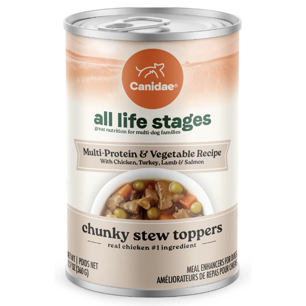 image of Wet Dog Food, All Life Stages, Chunky Stew Toppers Multi-Protein and Vegetable, 12.7 oz