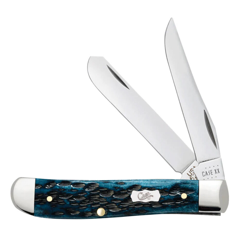 image of Pocket Worn Peach Seed Jig Mediterranean Blue Bone Mini Trapper Pocket Knife