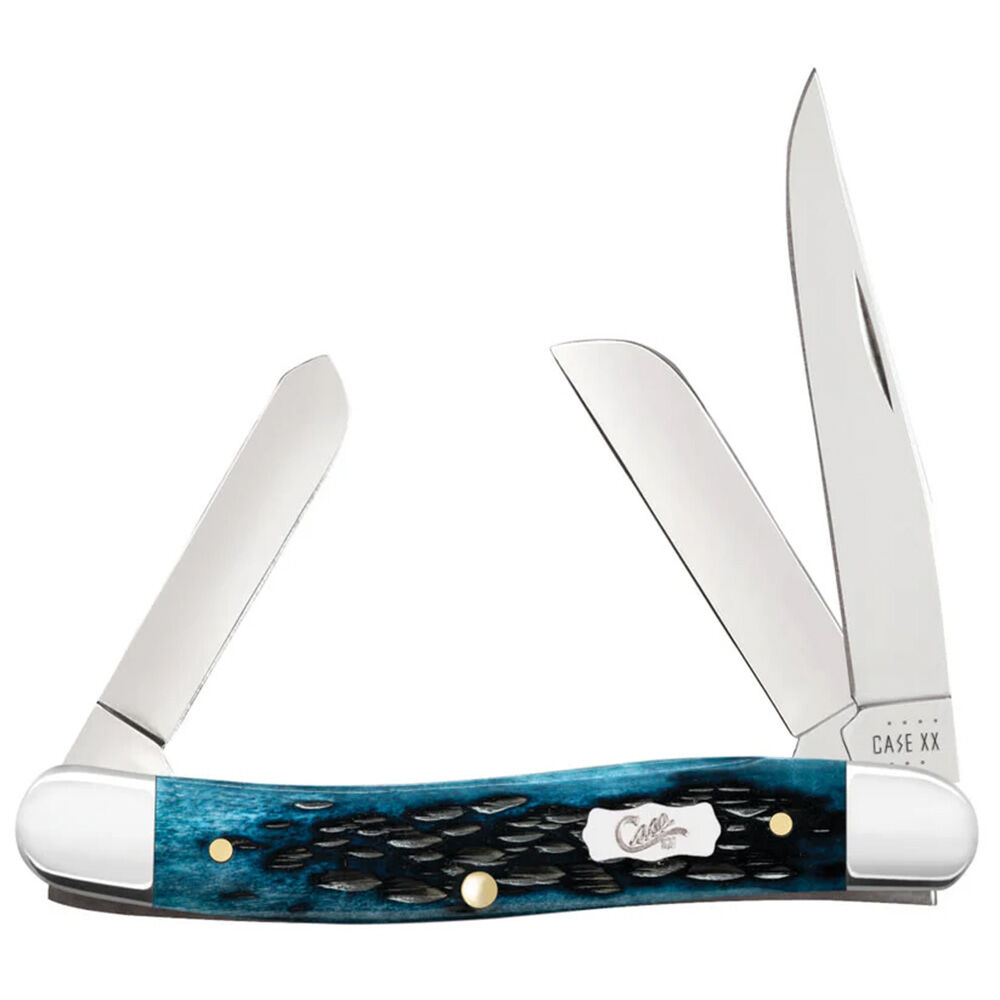 image of Pocket Worn Peach Seed Jig Mediterranean Blue Bone Medium Stockman Pocket Knife