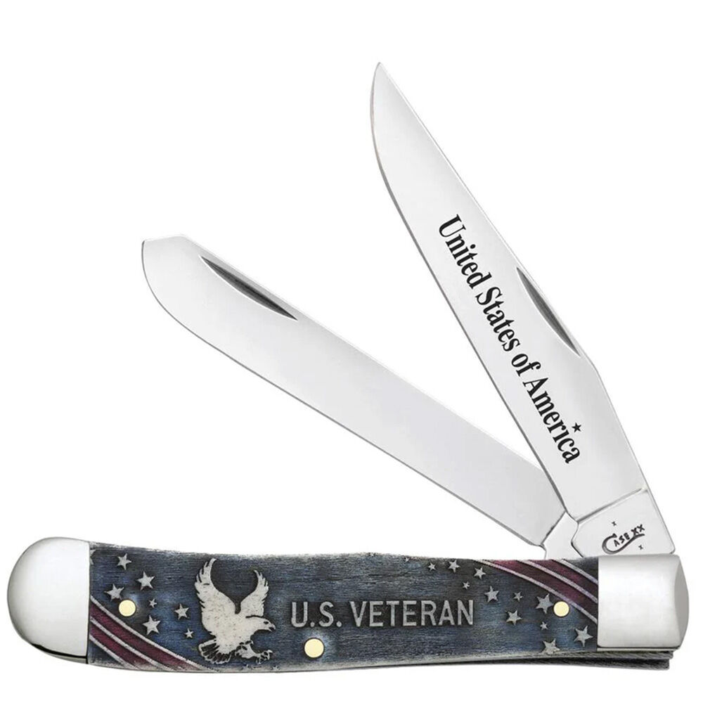 image of U.S. Veteran Smooth Natural Bone with Blue and Red Color Wash Trapper Pocket Knife