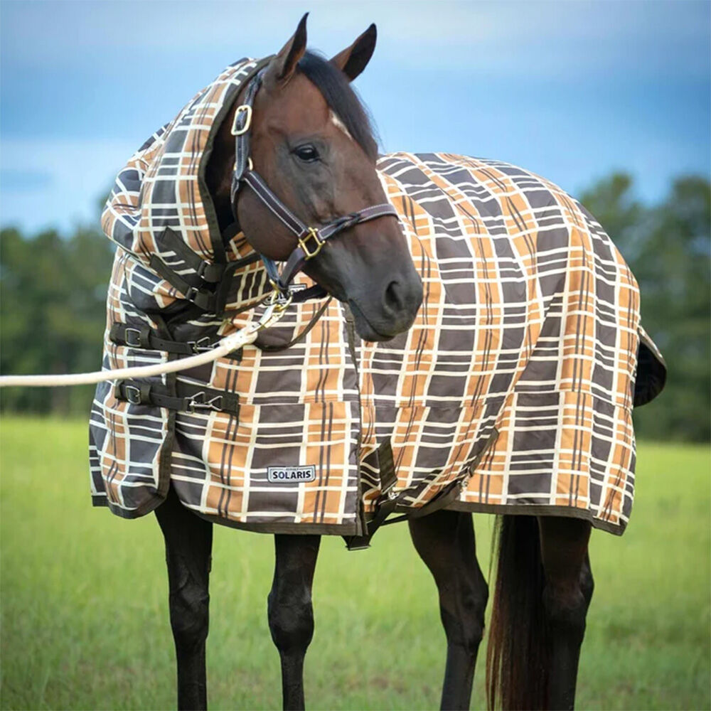 image of Solaris 1200D Medium Weight Horse Turnout Blanket with Detachable Neck Rug - 240 g - Brown & Cream Plaid 