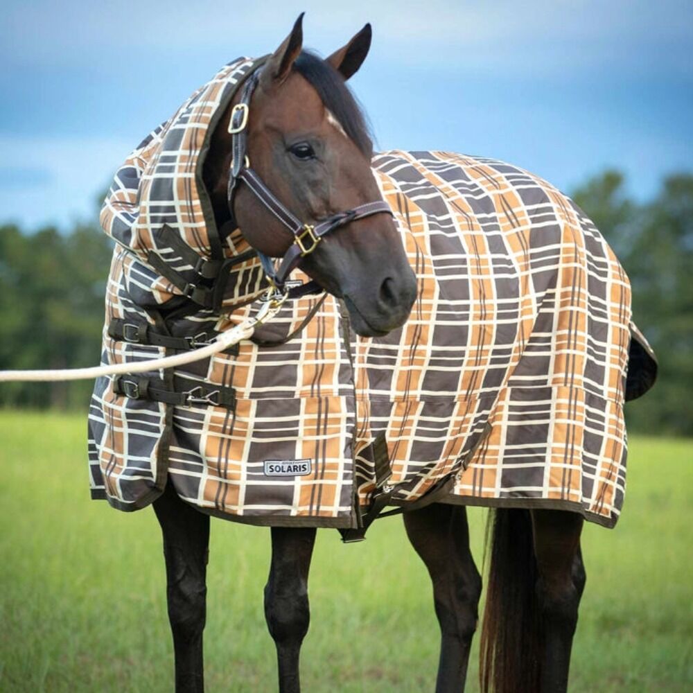 image of Solaris 1200D Heavy Weight Horse Turnout Blanket with Detachable Neck Rug - 360 g - Brown & Cream Plaid 75 in