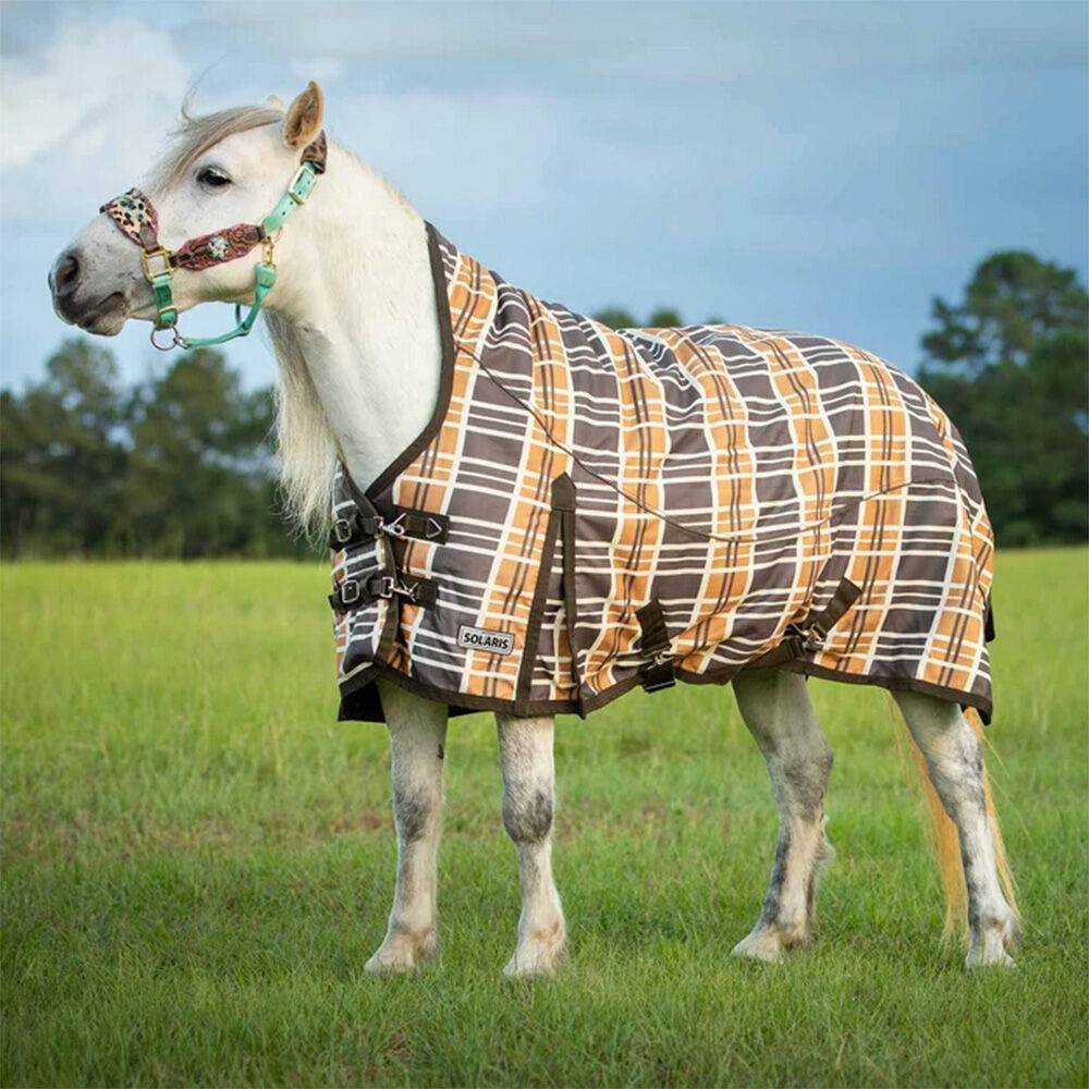 image of Pony Poppins Solaris 1200D Extended Neck Medium Weight Pony Horse Turnout Blanket- 240 g- Brown & Cream Plaid