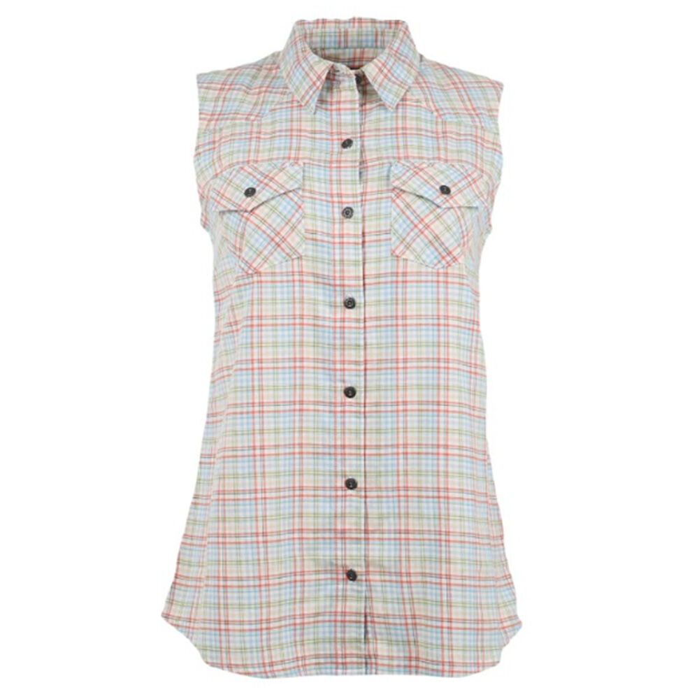 image of Women's FullFlexx Western Sleeveless Shirt- Moss Plaid