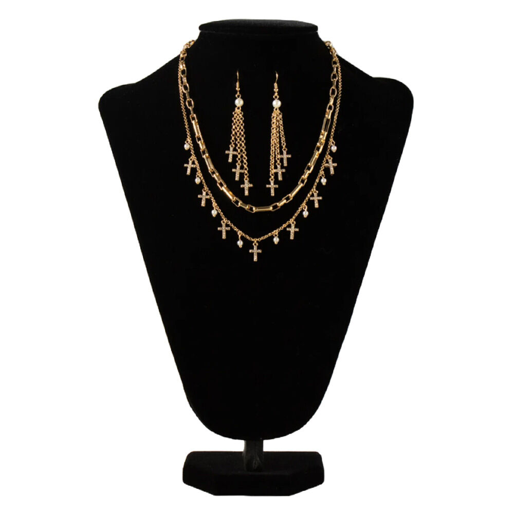 image of Women's Gold Cross and Pearl Jewelry Set