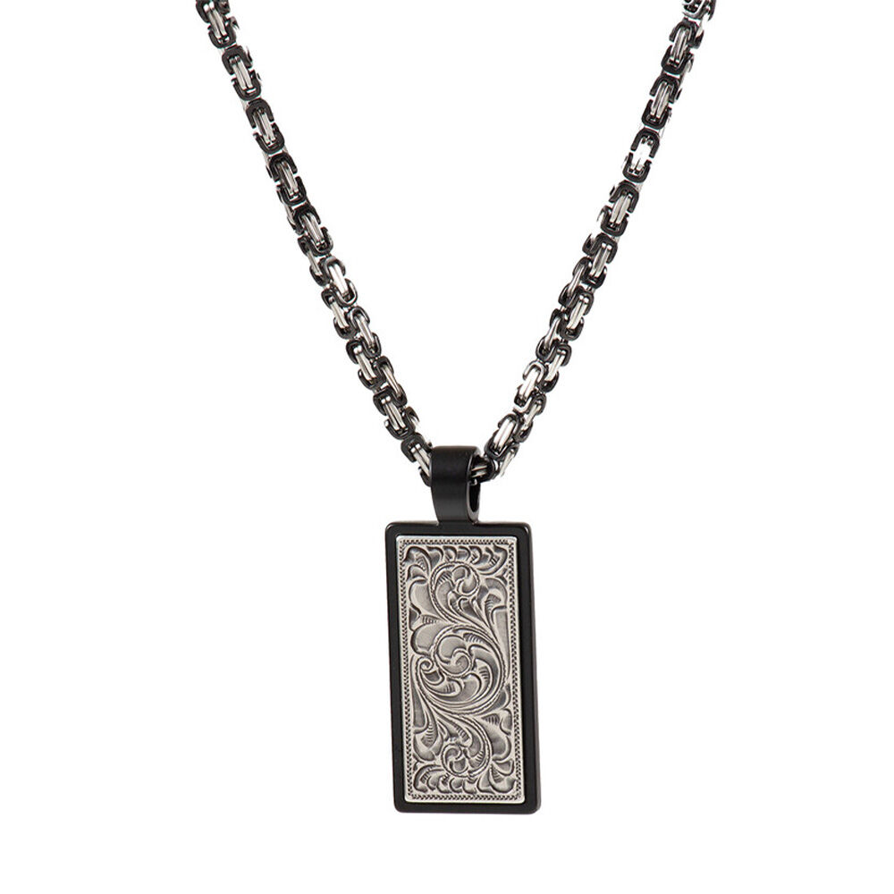 image of Men's Silver/Black Engraved Scroll Necklace