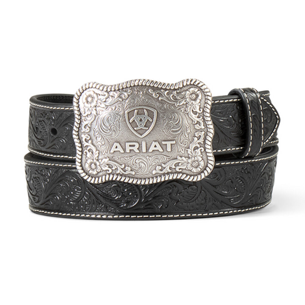 image of Men's Leather Belt with Embossed Plate Buckle