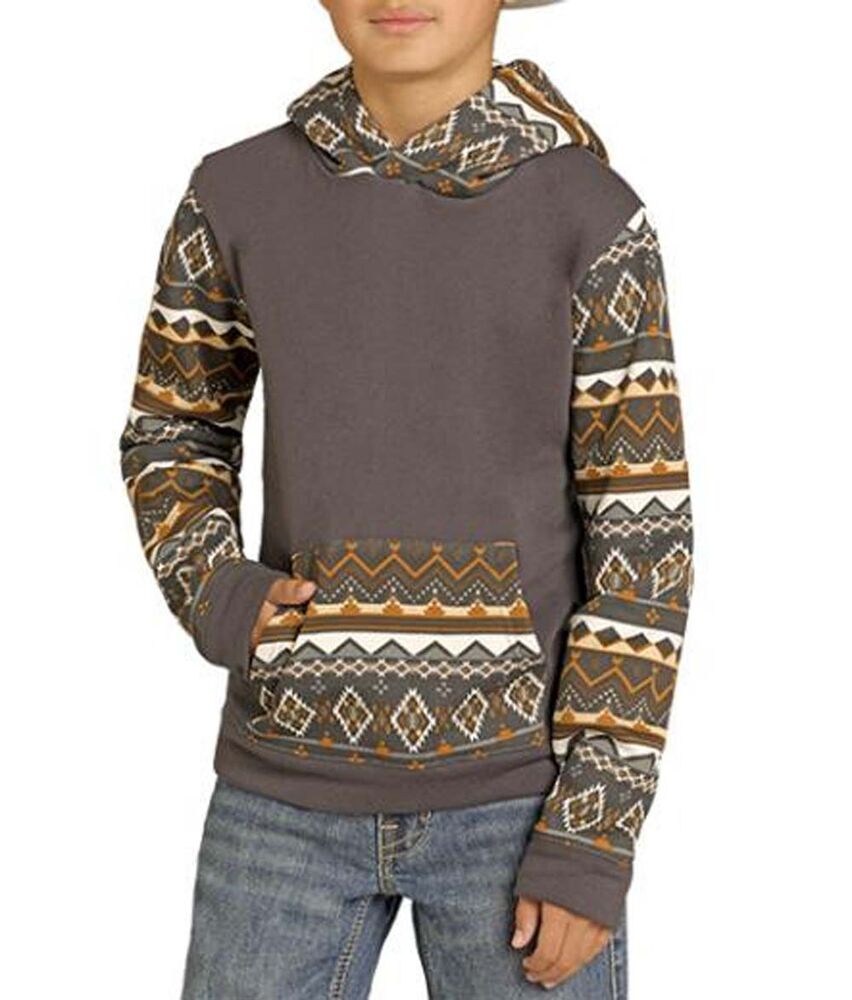 image of Boy's Aztec Block Hoodie, Charcoal