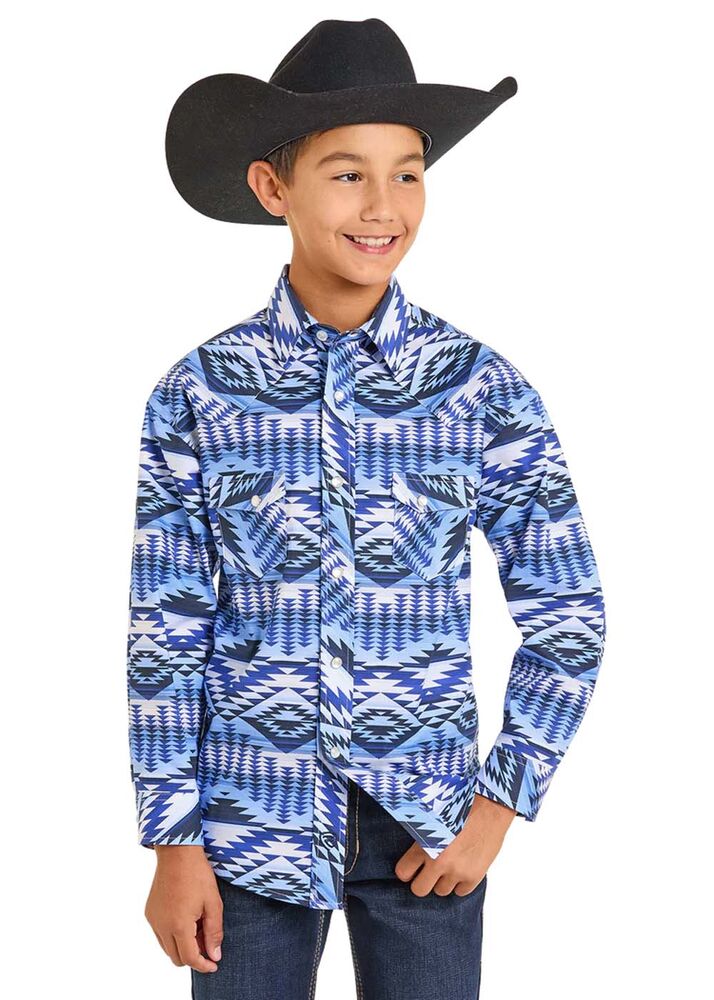 image of Boy's Aztec Snap Button Long Sleeve Shirt, Blue