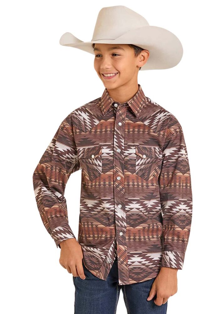 image of Boy's Aztec Snap Button Long Sleeve Shirt, Brown