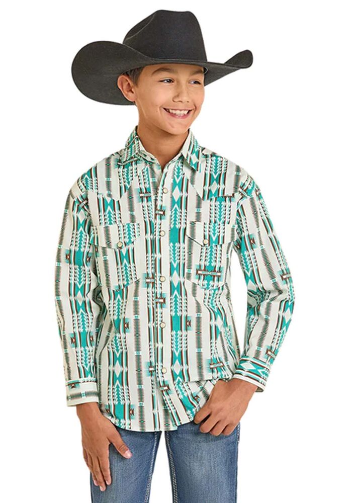 image of Boy's Snap Button Long Sleeve Shirt, Teal