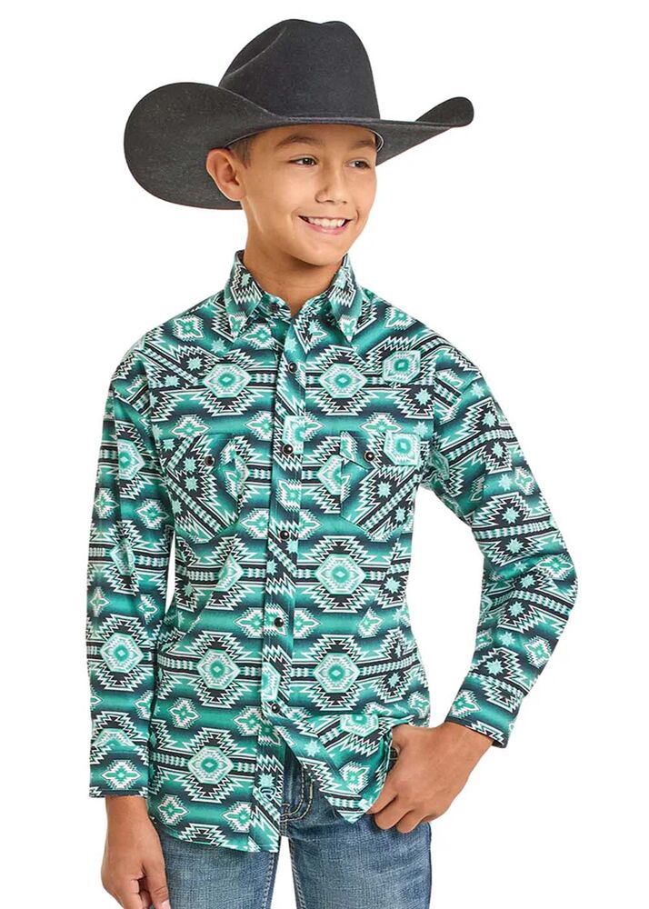 image of Boy's Aztec Snap Button Long Sleeve Shirt, Green