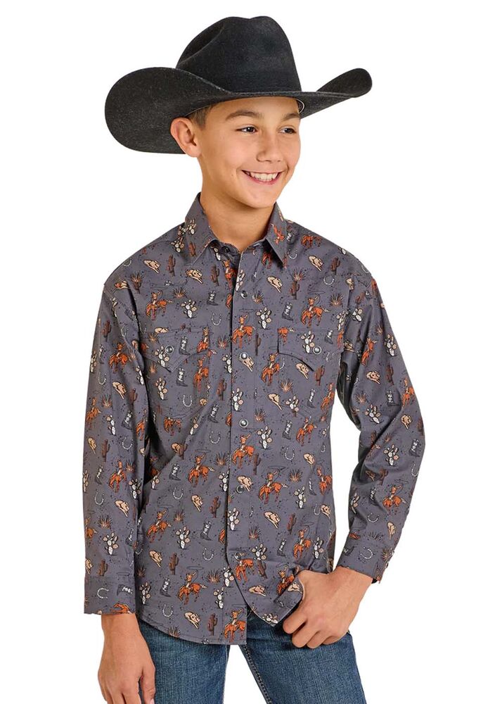 image of Boy's Snap Button Long Sleeve Shirt, Charcoal