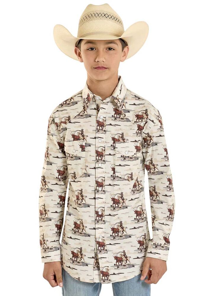 image of Boys' Cowboy Long Sleeve Snap Shirt, Cream