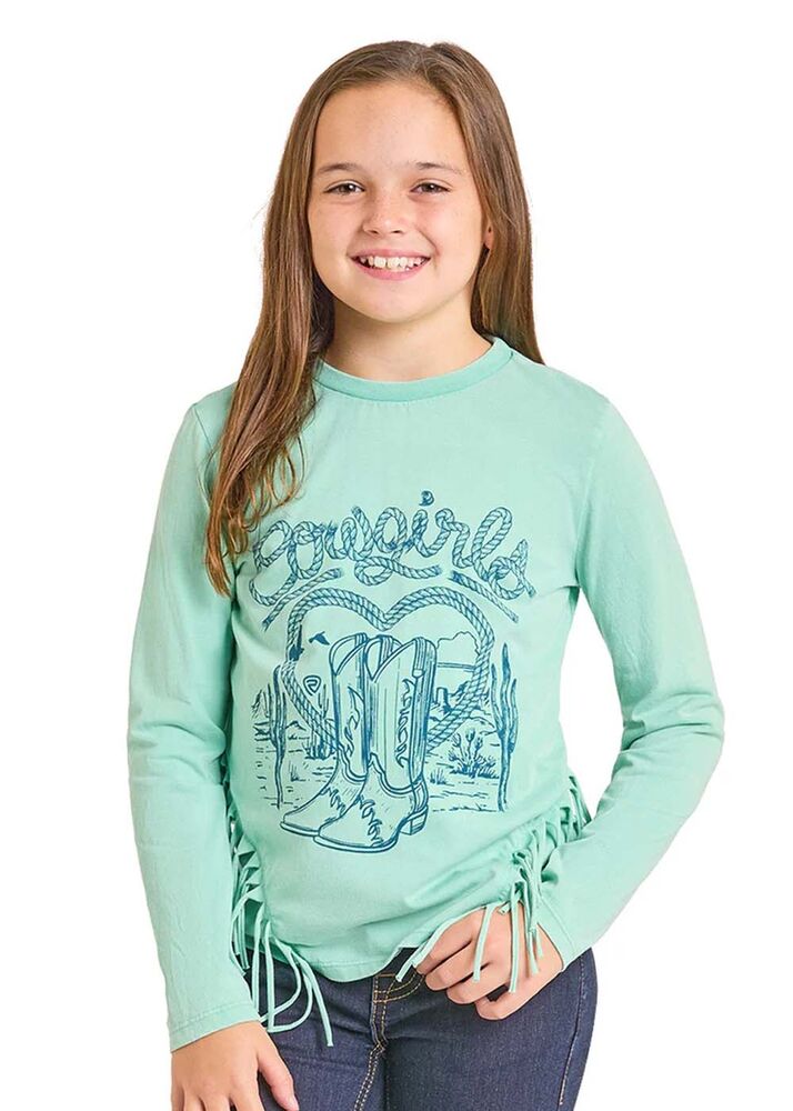 image of Girl's Fringe Long Sleeve Shirt, Turquoise