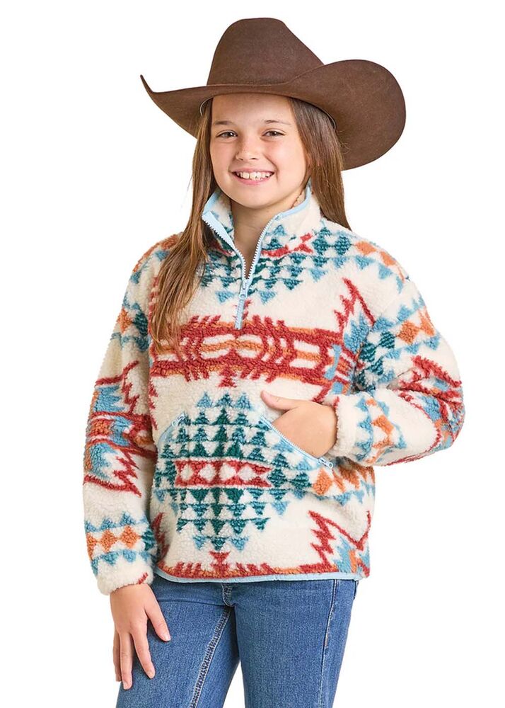 image of Girl's Aztec Sherpa Pullover, Cream