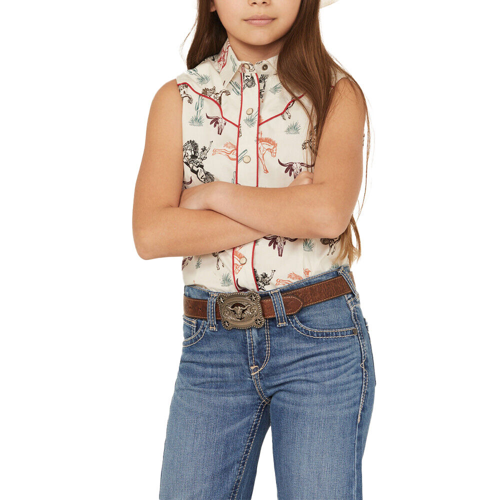 image of Girl's Conversation Print Sleeveless Snap Stretch Western Shirt
