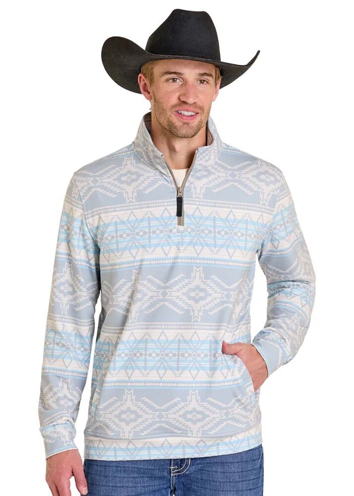 image of Men's 1/ 4 Zip Light Aztec Print Pullover, Blue