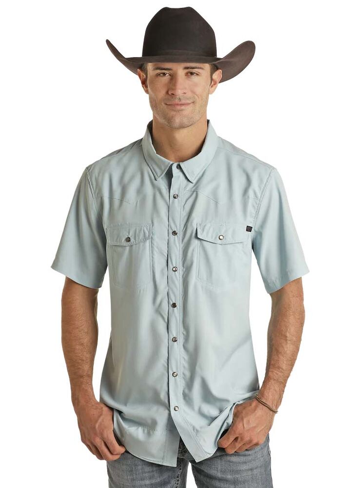 image of Men's TEK Western Stretch Snap Button Short Sleeve Shirt, Blue