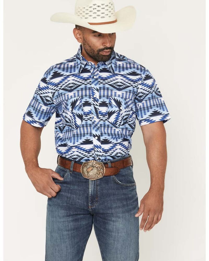 image of Men's Snap Button Short Sleeve Shirt, Blue