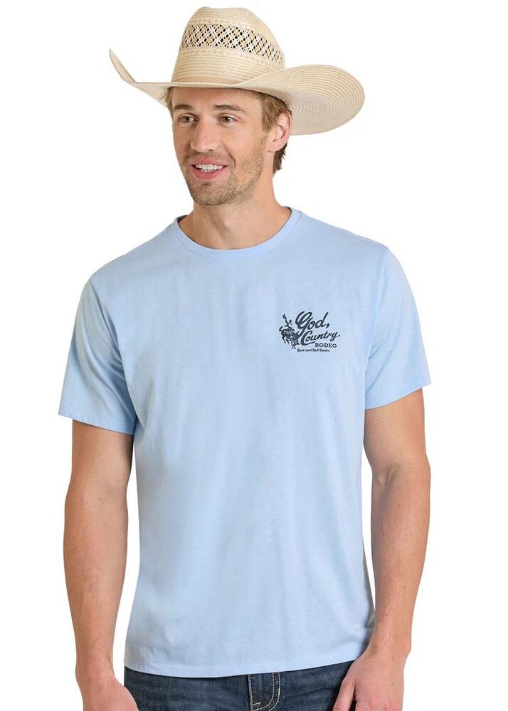 image of Men's God, Country, Rodeo Graphic Tee Shirt, Baby Blue