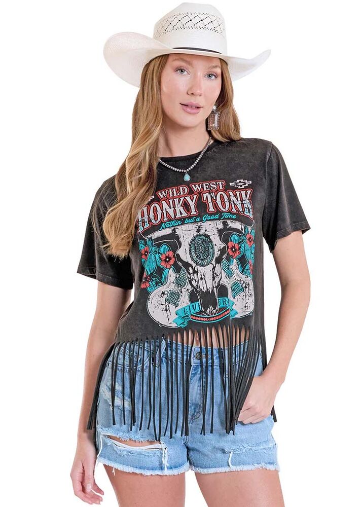 image of Women's Wild West Honky Tonk Fringe Graphic Tee, Black