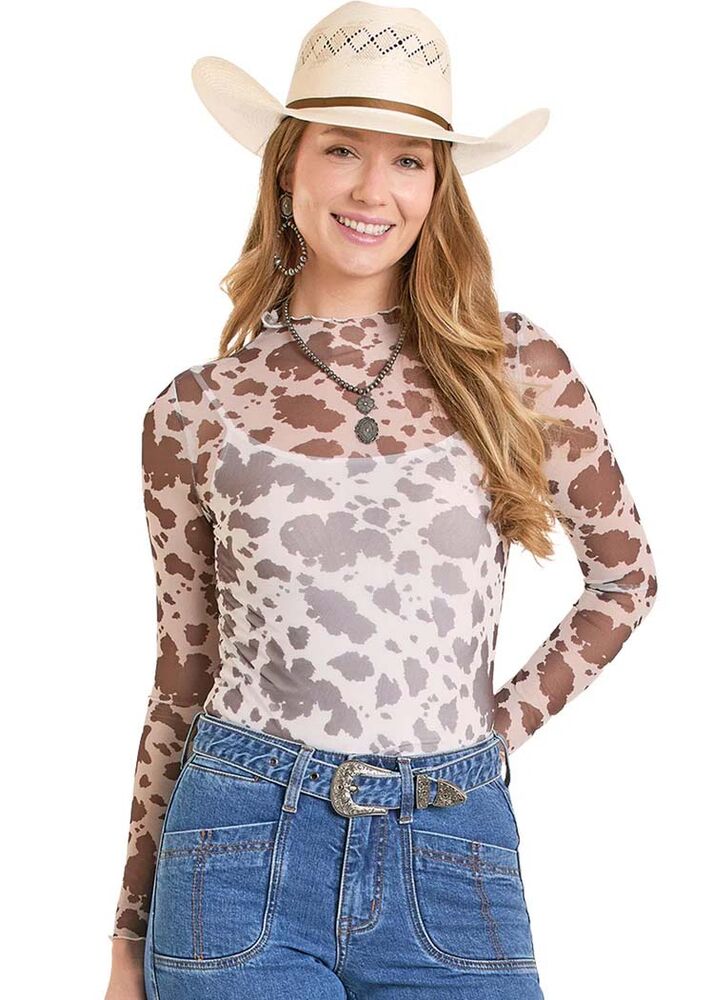 image of Women's Cow Print Mesh Top, Brown