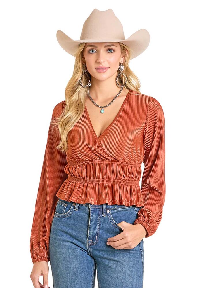 image of Women's Velvet Plisse Long Sleeve Blouse, Orange