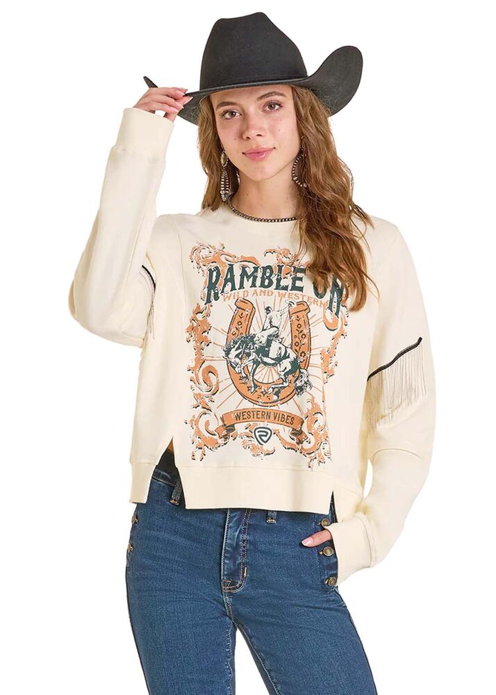image of Women's Graphic Pullover with Chain Fringe, Cream