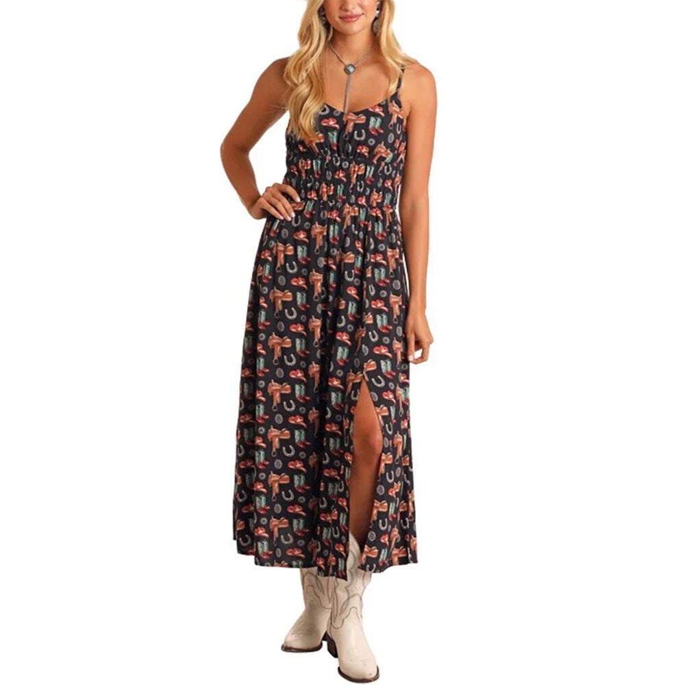 image of Women's Midi Dress- Western Print, Black