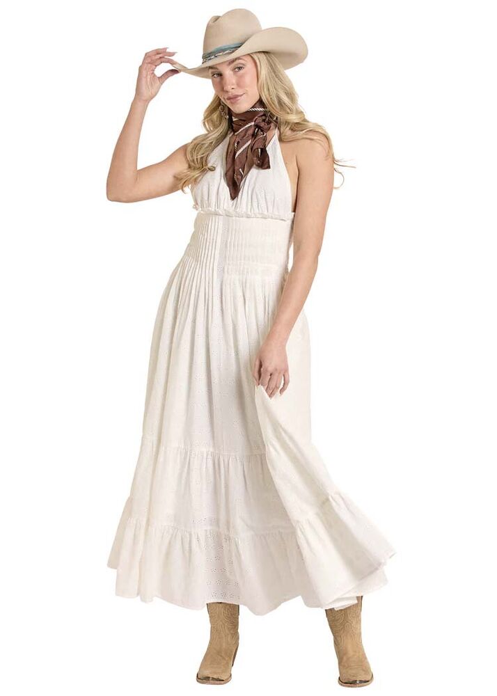 image of Women's Eyelet Halter Maxi Dress, White