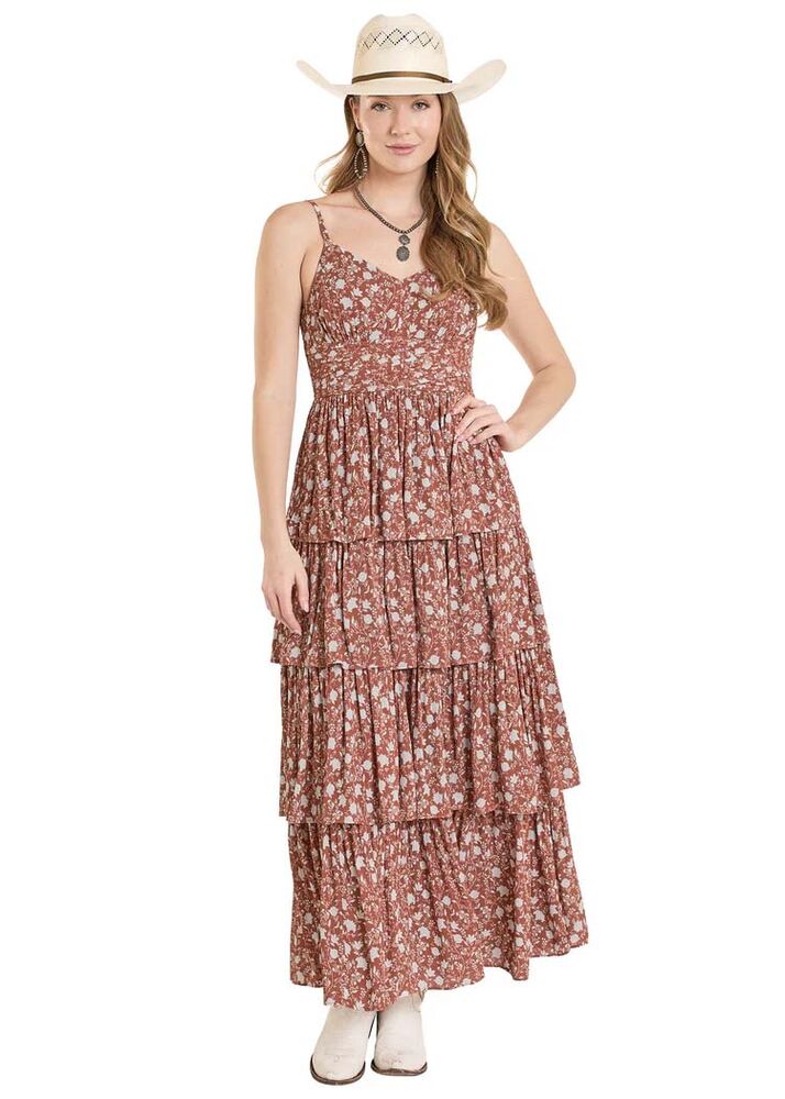 image of Women's Floral Tiered Maxi Dress, Brown
