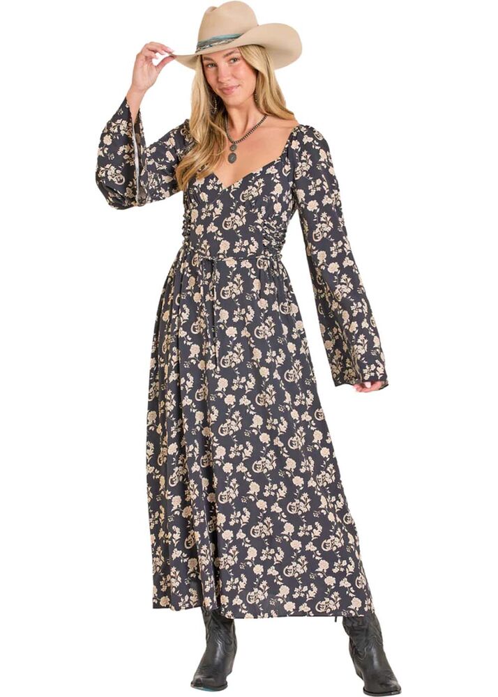 image of Women's Challis Lace Up Maxi Dress, Black