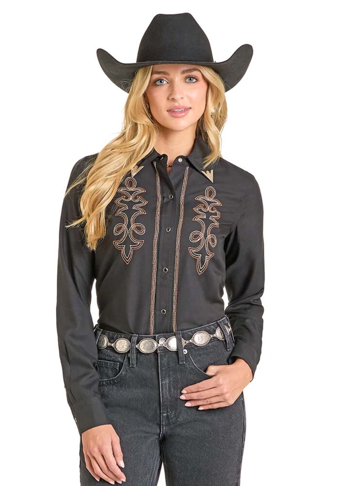 image of Women's Desperado Boot Stitch Snap Button Long Sleeve Shirt, Black