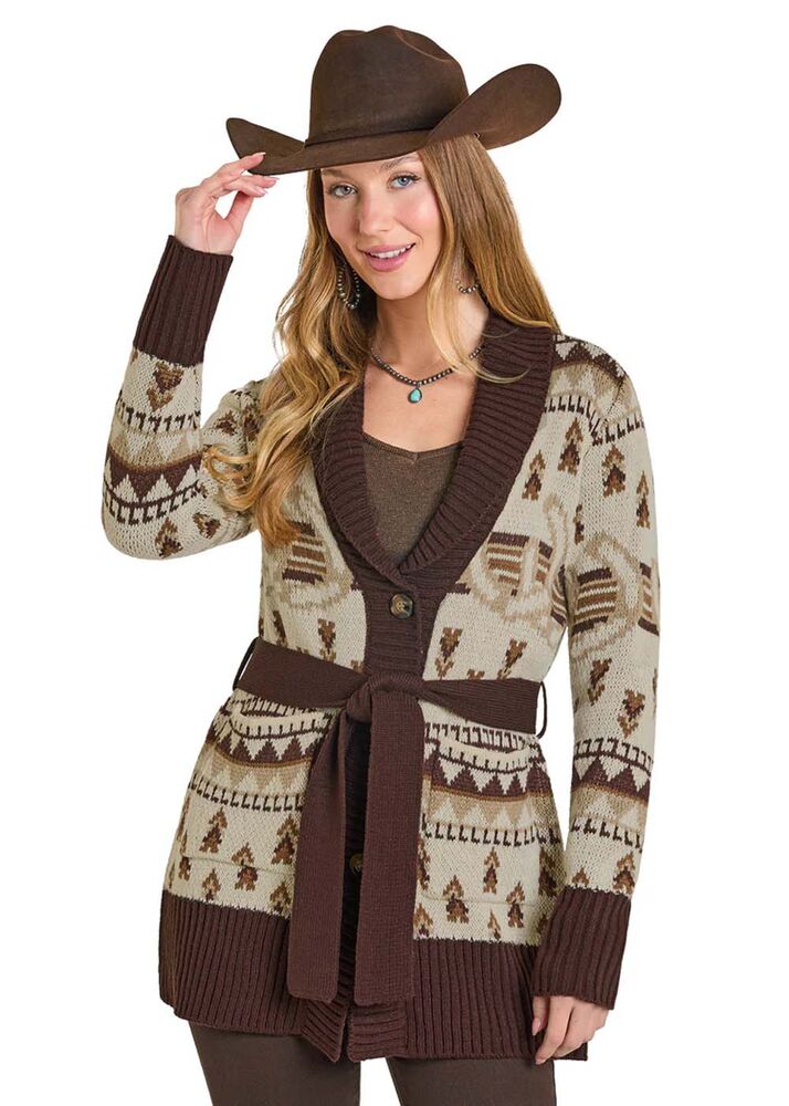 image of Women's Horse Shoe Belted Cardigan, Brown