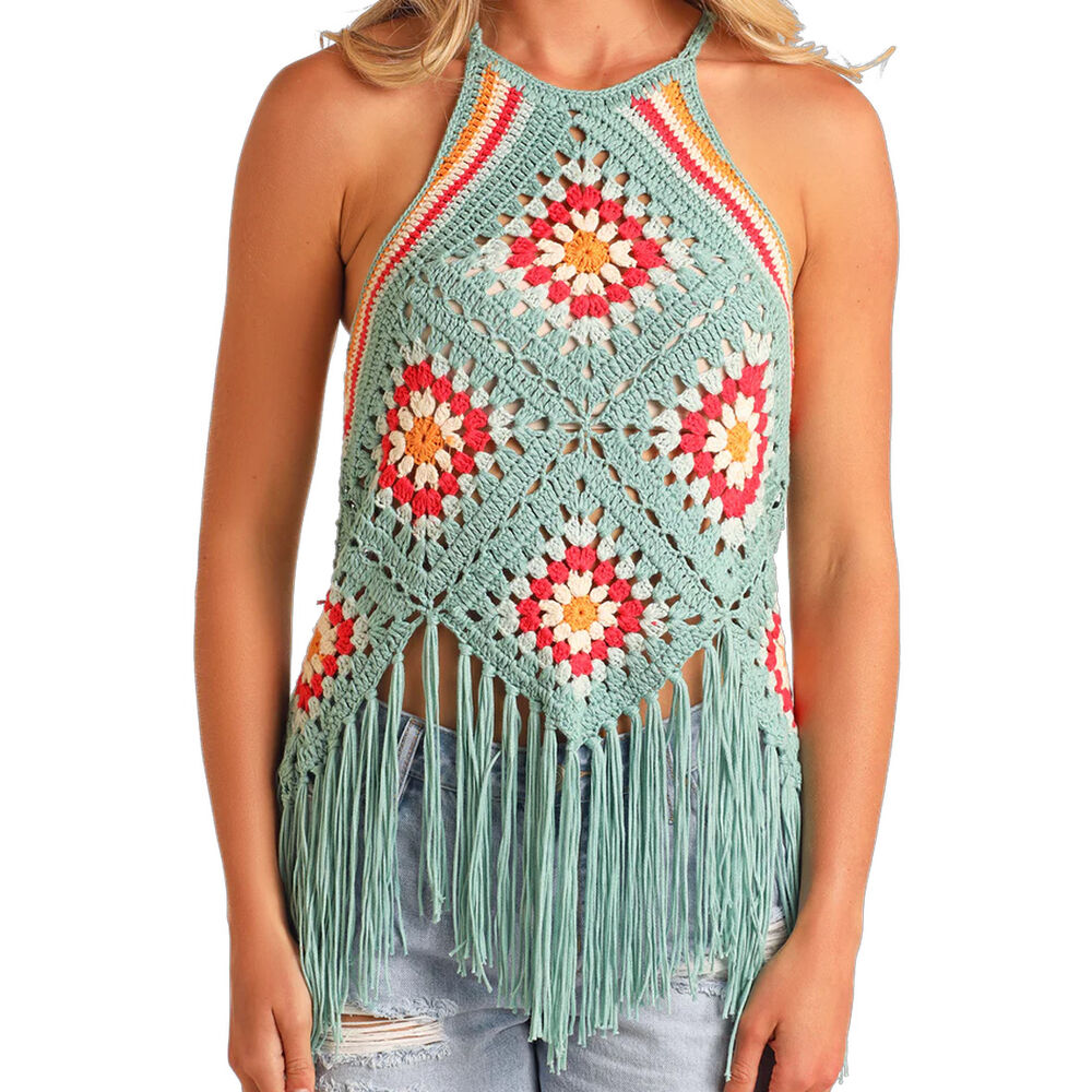 image of Women's Crochet Fringe Halter Top- Aqua