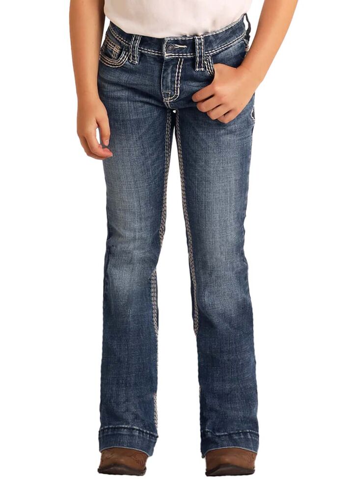 image of Girl's Mid Rise Regular Fit Trouser, Dark Wash